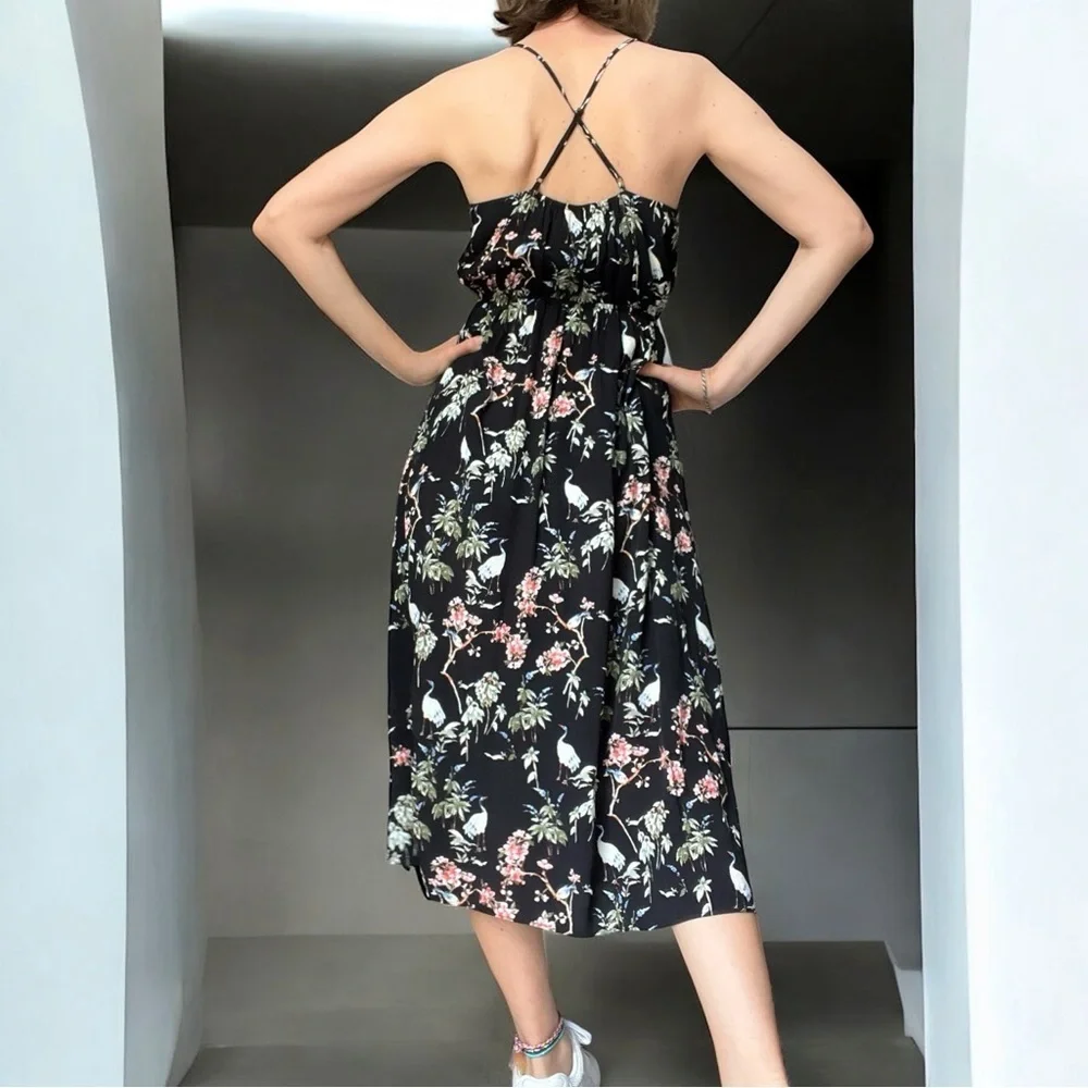 Banana Republic Black Floral Birds Midi Dress Strappy Summer Dress 4 - Picture 3 of 13